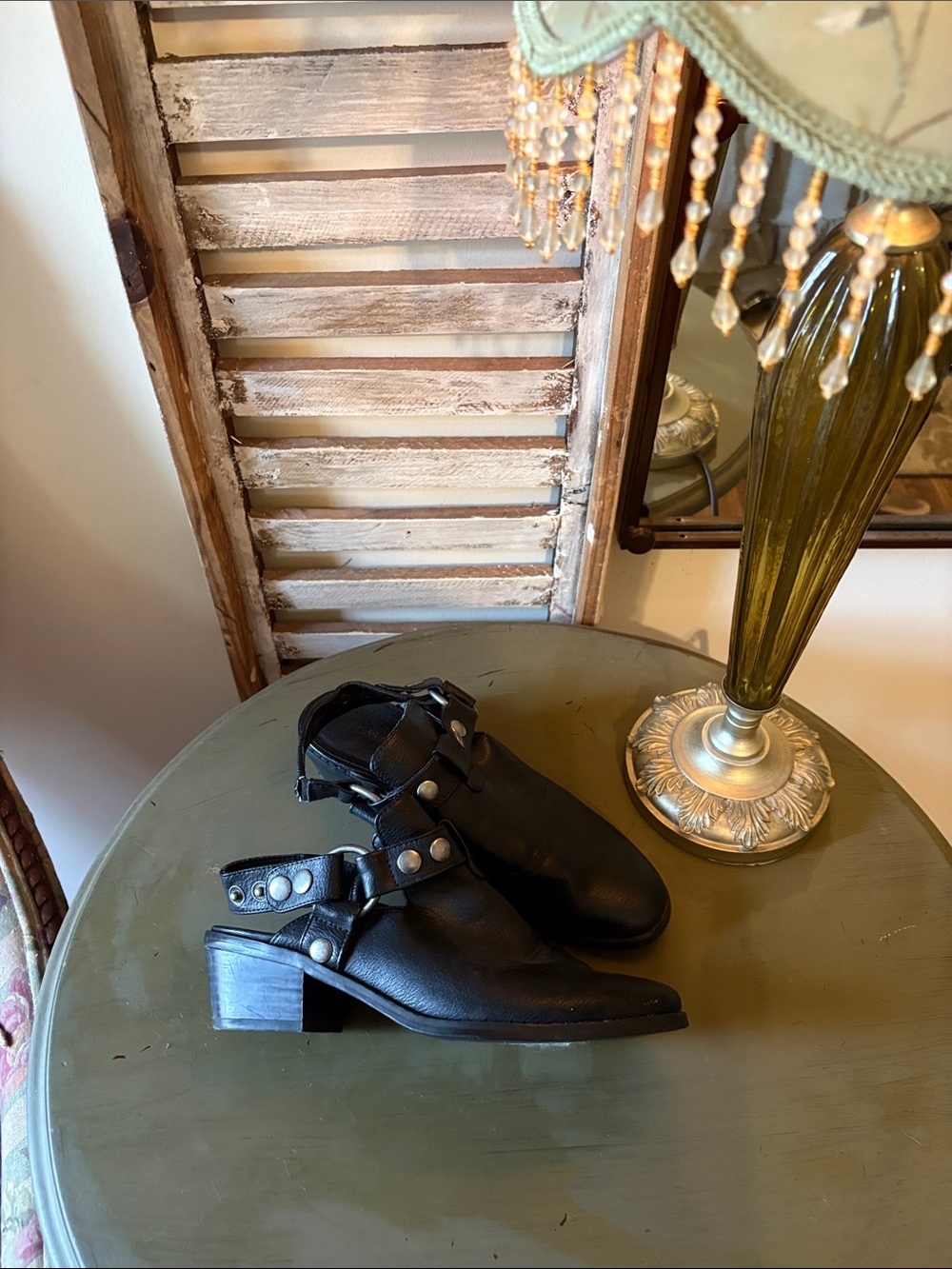 Indigo Black Leather Studded Heel Mules